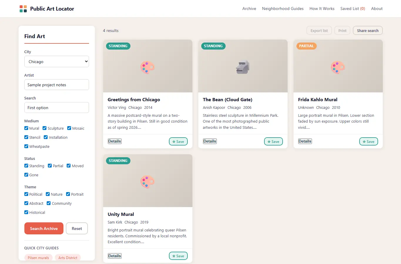 Screenshot of Public Art Locator Archive interface showing the project page in use